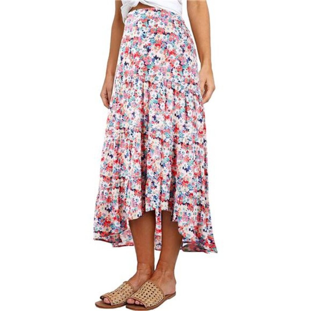 Women's Ditzy Floral Print Midi Skirt Boho Elastic High Waist Long Skirts